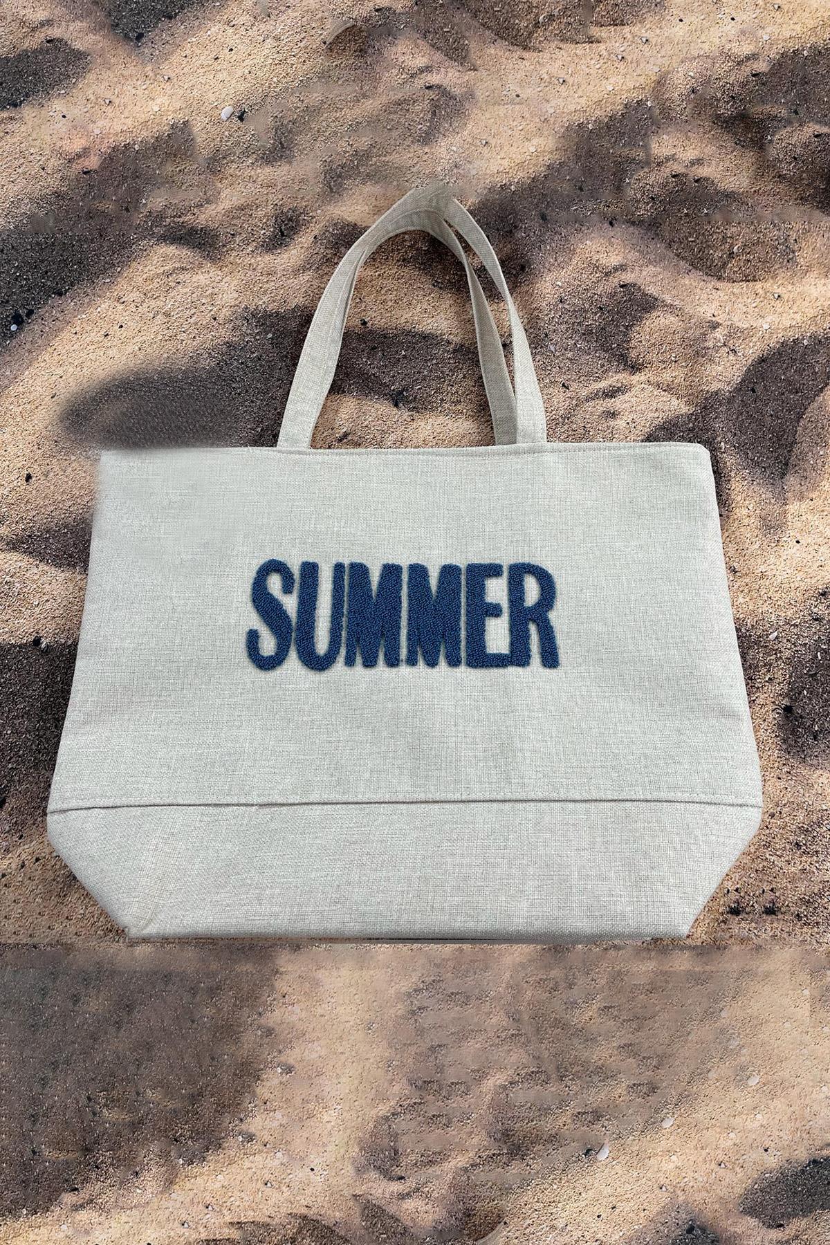 Summer Nakışlı Plaj Çantası Bej