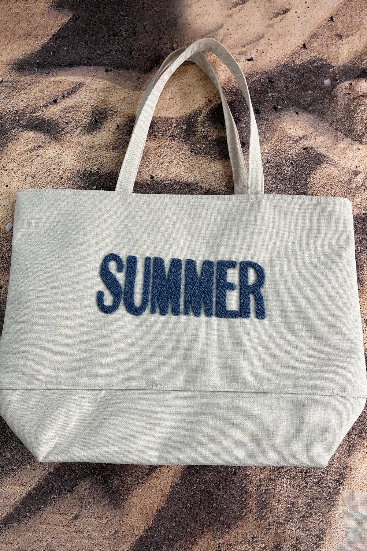 Summer Nakışlı Plaj Çantası Bej