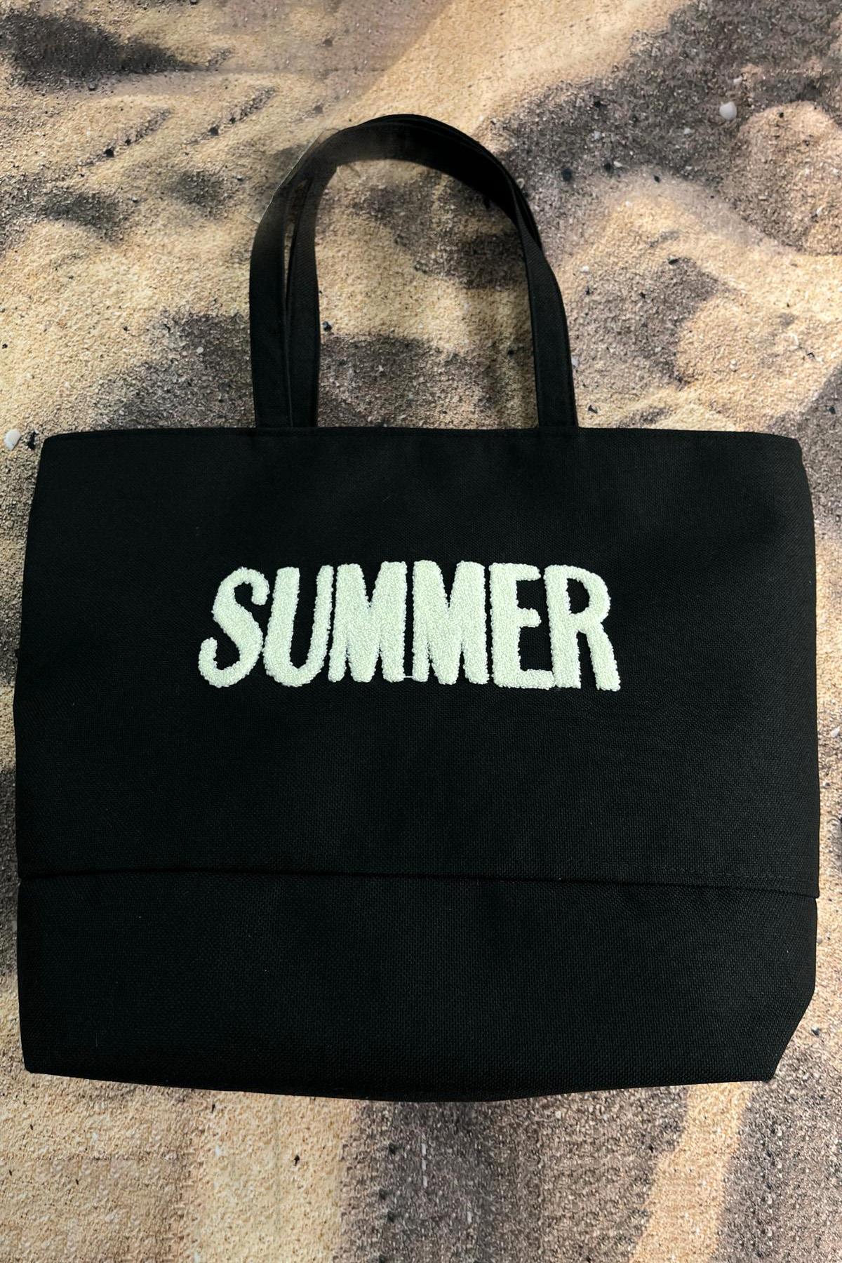 Summer Nakışlı Plaj Çantası Siyah