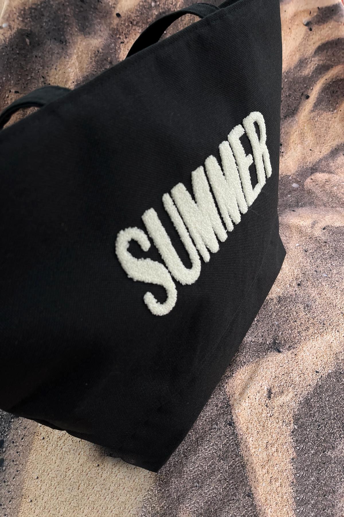 Summer Nakışlı Plaj Çantası Siyah