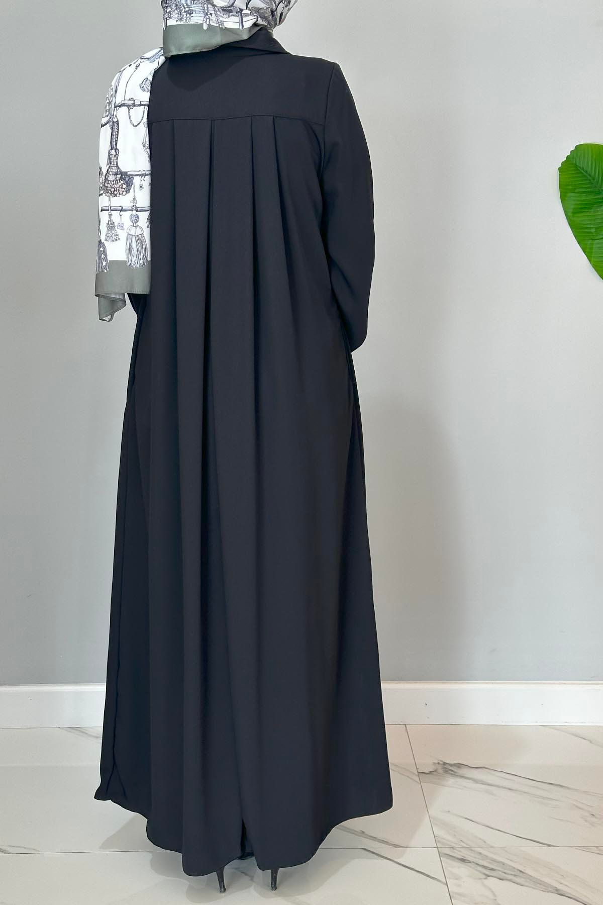 Tam Boy Düğmeli Ferace 01 Siyah