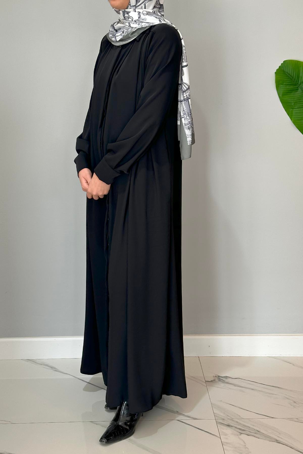 Tam Boy Düğmeli Ferace 01 Siyah