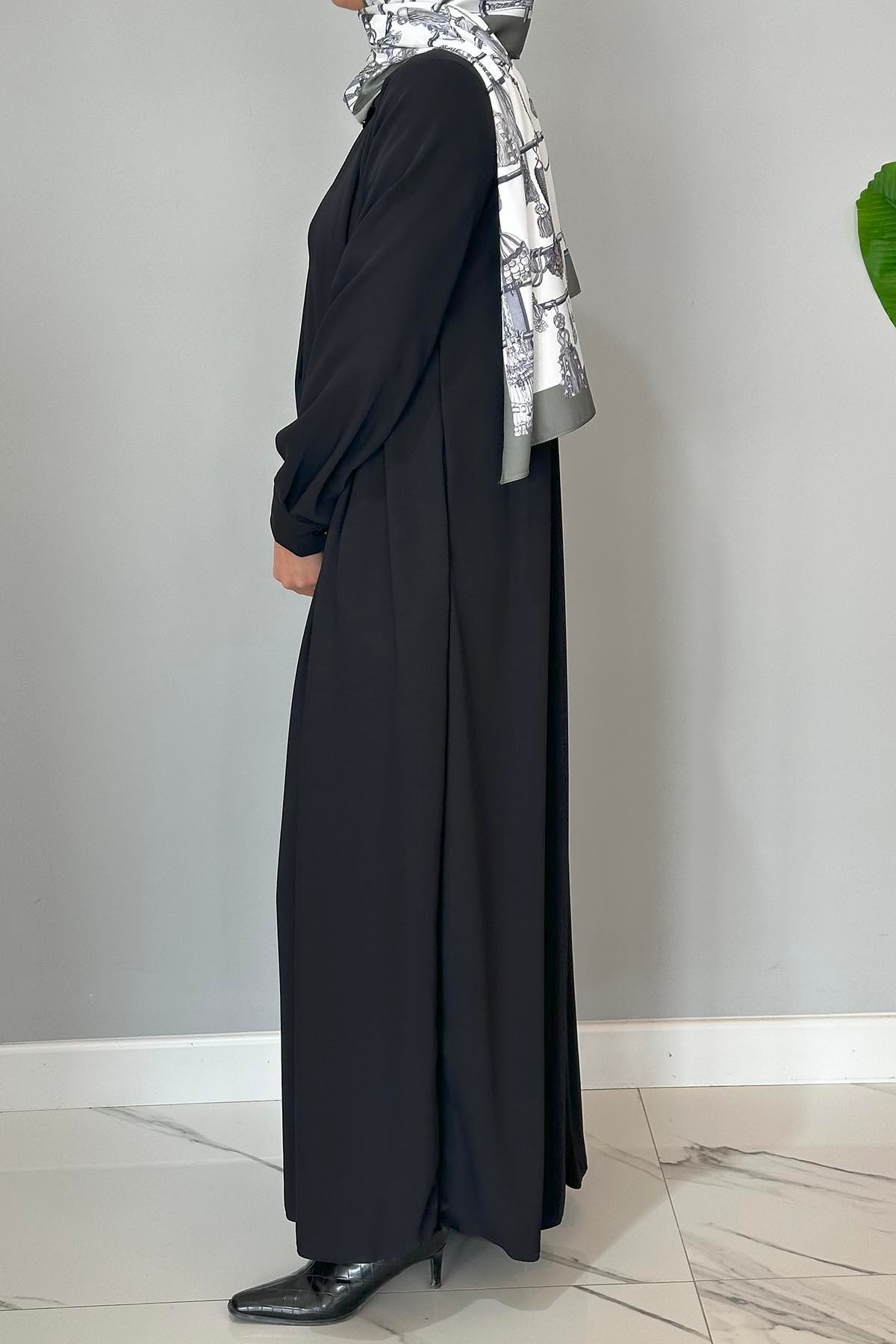 Tam Boy Düğmeli Ferace 01 Siyah