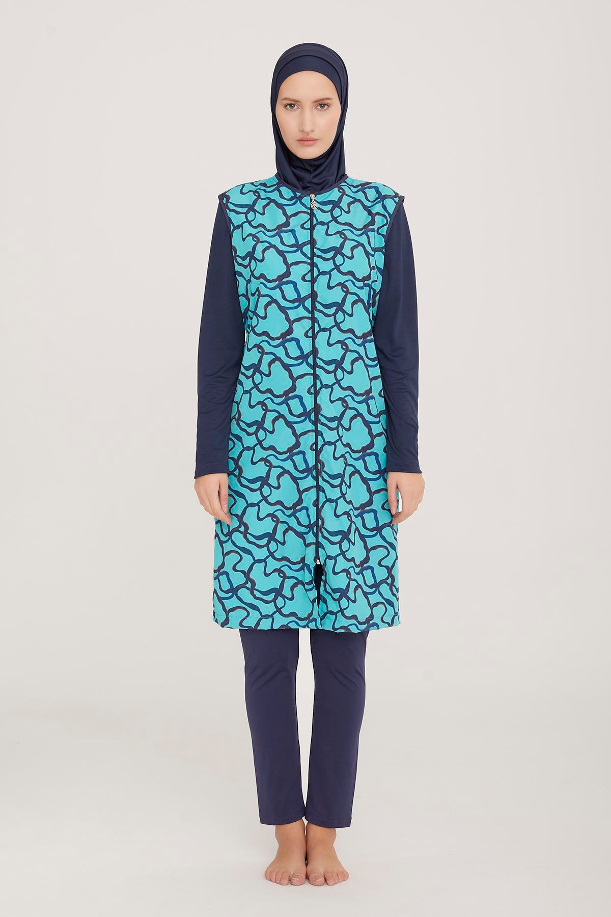 Tam Kapalı Tesettür Mayo Aren 6 9047 Koyu Lacivert Remsa Mayo