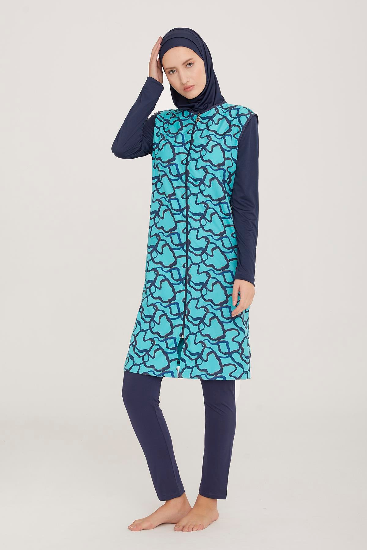 Tam Kapalı Tesettür Mayo Aren 6 9047 Koyu Lacivert Remsa Mayo