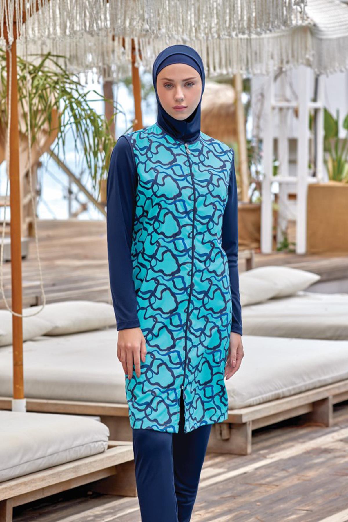 Tam Kapalı Tesettür Mayo Aren 6 9047 Koyu Lacivert Remsa Mayo