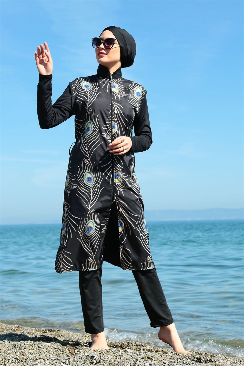 Tam Kapalı Tesettür Mayo Deniz Mayosu Tavus Tüy TD21-123 Siyah