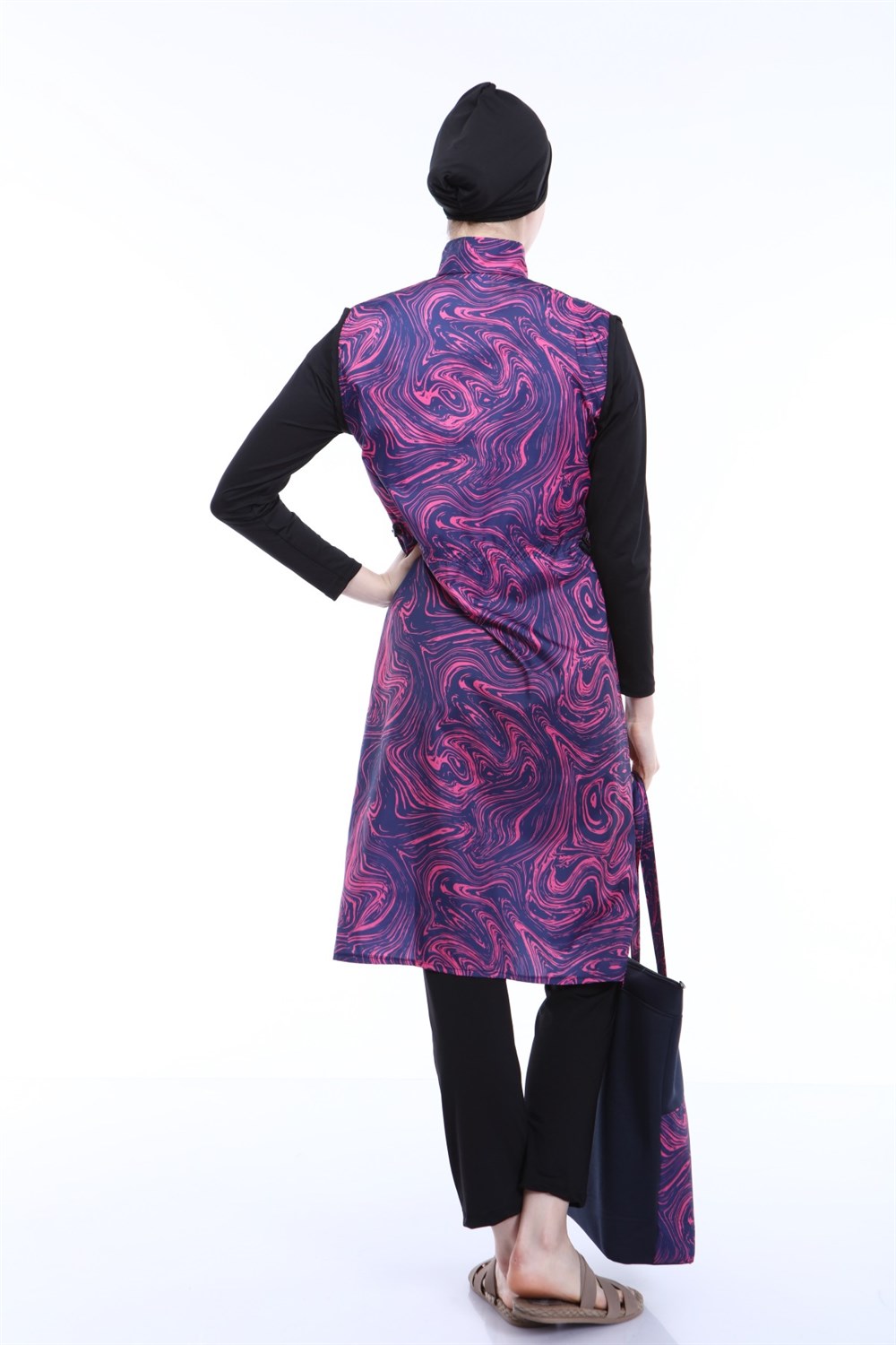 Tam Kapalı Tesettür Mayo Deniz Mayosu Pembe Yaprak TD21-43 Siyah