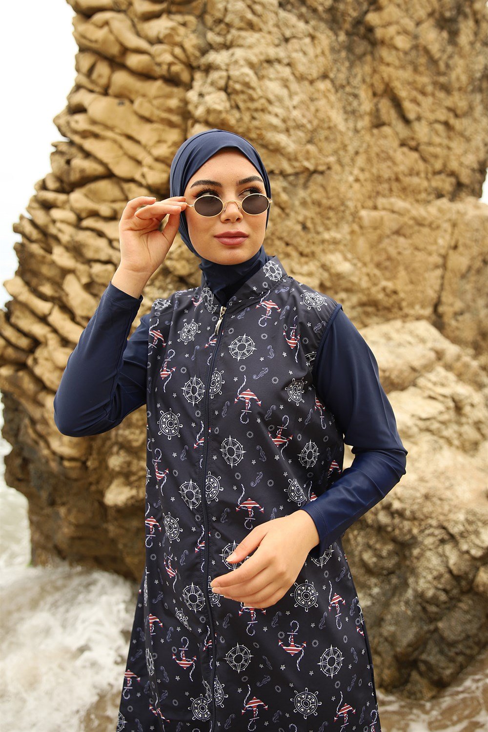 Tam Kapalı Tesettür Mayo Deniz Mayosu Çapa Desenli Asu Laci