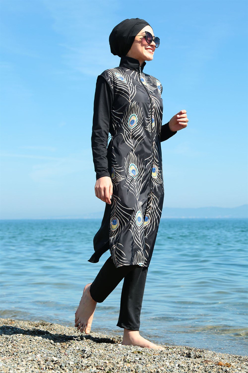Tam Kapalı Tesettür Mayo Deniz Mayosu Tavus Tüy TD21-123 Siyah