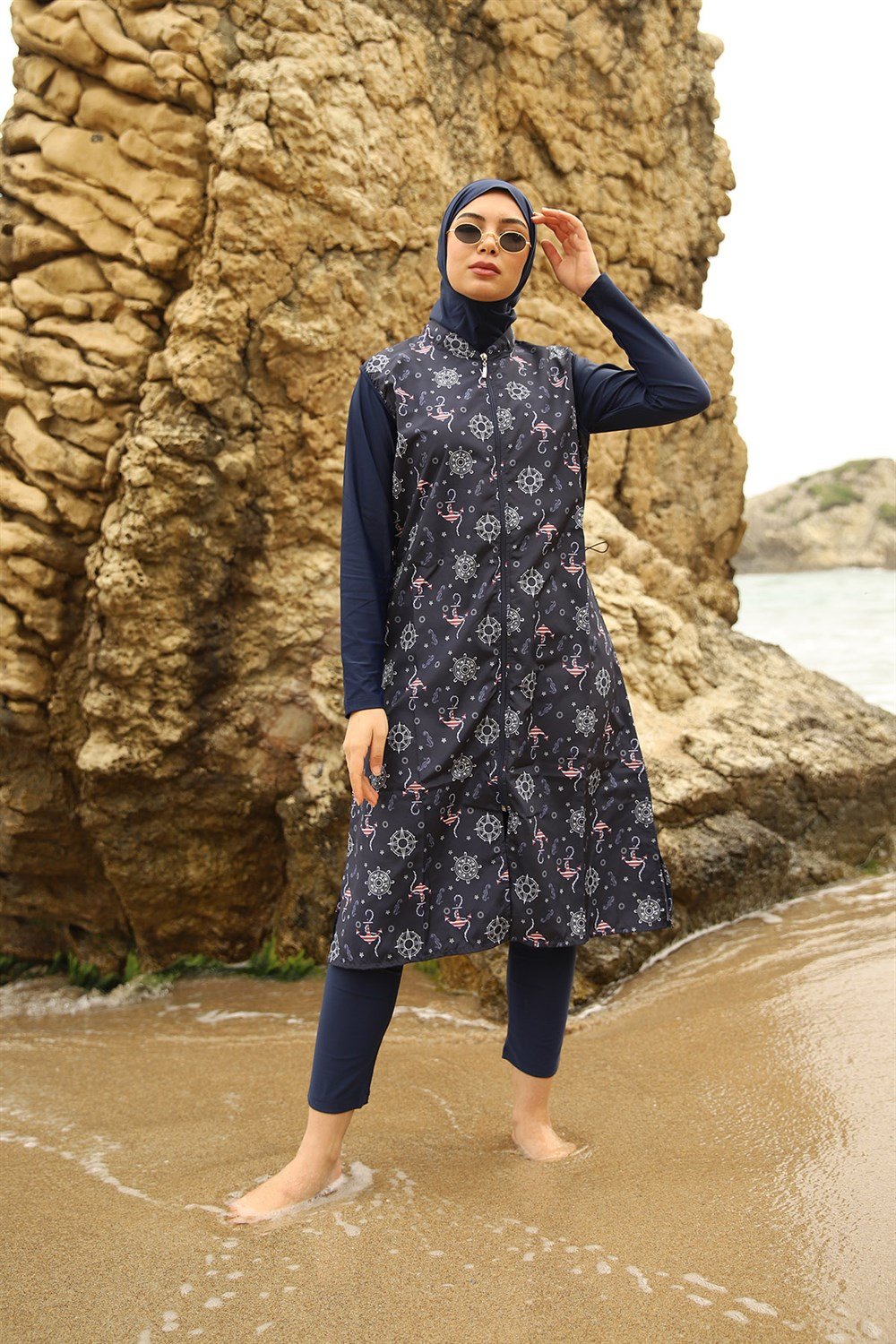 Tam Kapalı Tesettür Mayo Deniz Mayosu Çapa Desenli Asu Laci