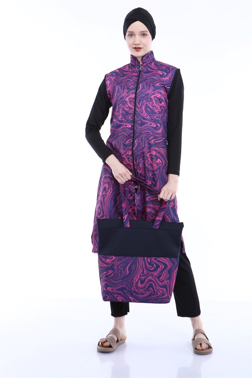 Tam Kapalı Tesettür Mayo Deniz Mayosu Pembe Yaprak TD21-43 Siyah