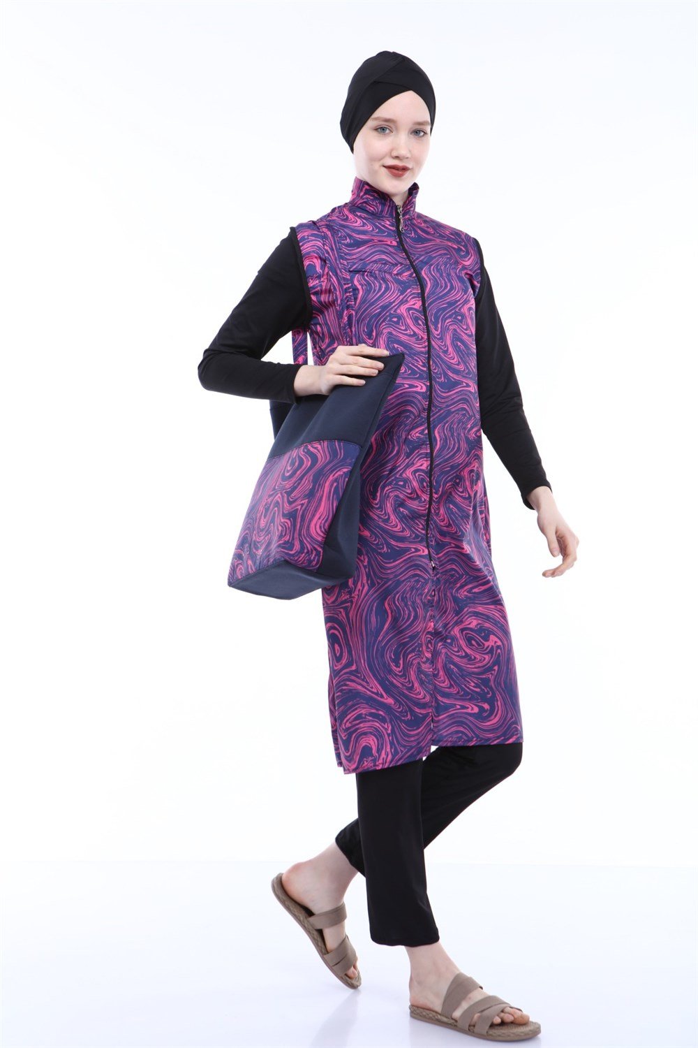 Tam Kapalı Tesettür Mayo Deniz Mayosu Pembe Yaprak TD21-43 Siyah