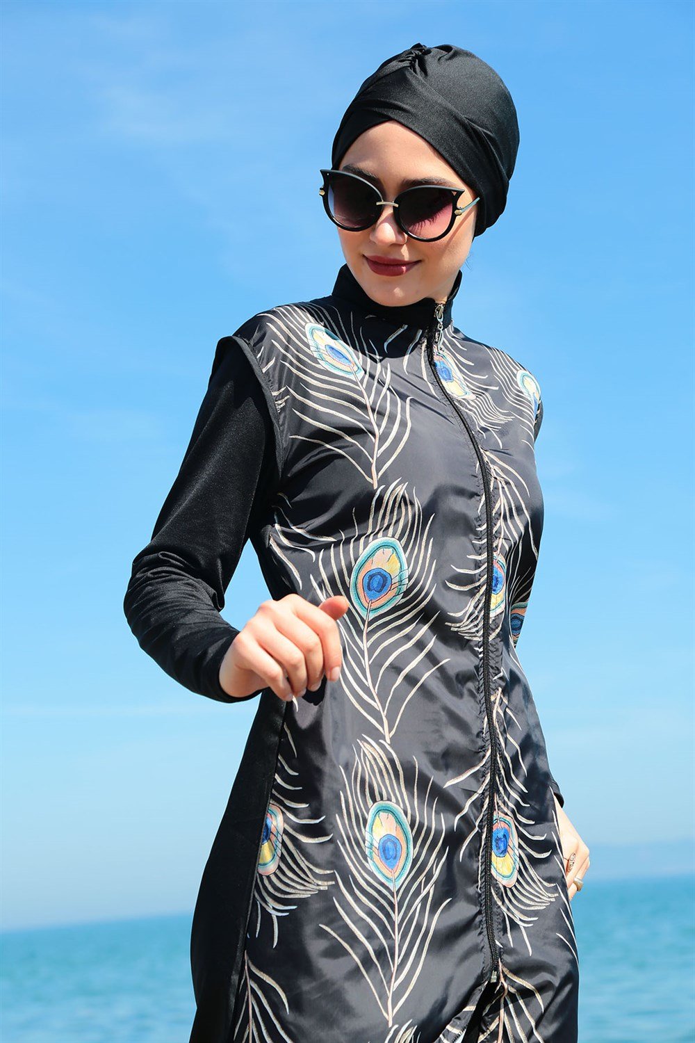 Tam Kapalı Tesettür Mayo Deniz Mayosu Tavus Tüy TD21-123 Siyah