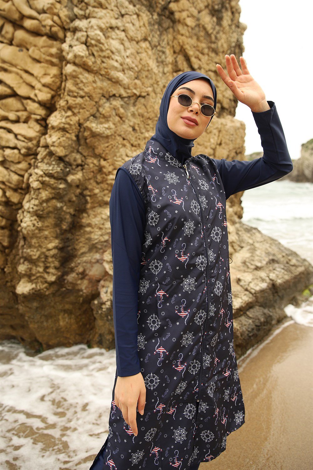 Tam Kapalı Tesettür Mayo Deniz Mayosu Çapa Desenli Asu Laci