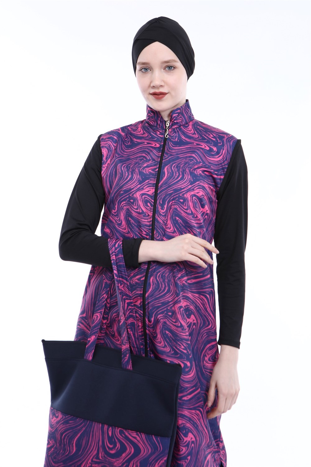 Tam Kapalı Tesettür Mayo Deniz Mayosu Pembe Yaprak TD21-43 Siyah