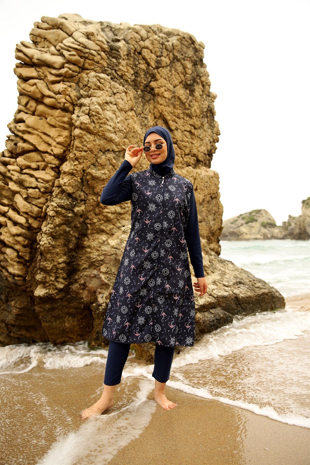 Tam Kapalı Tesettür Mayo Deniz Mayosu Çapa Desenli Asu Laci