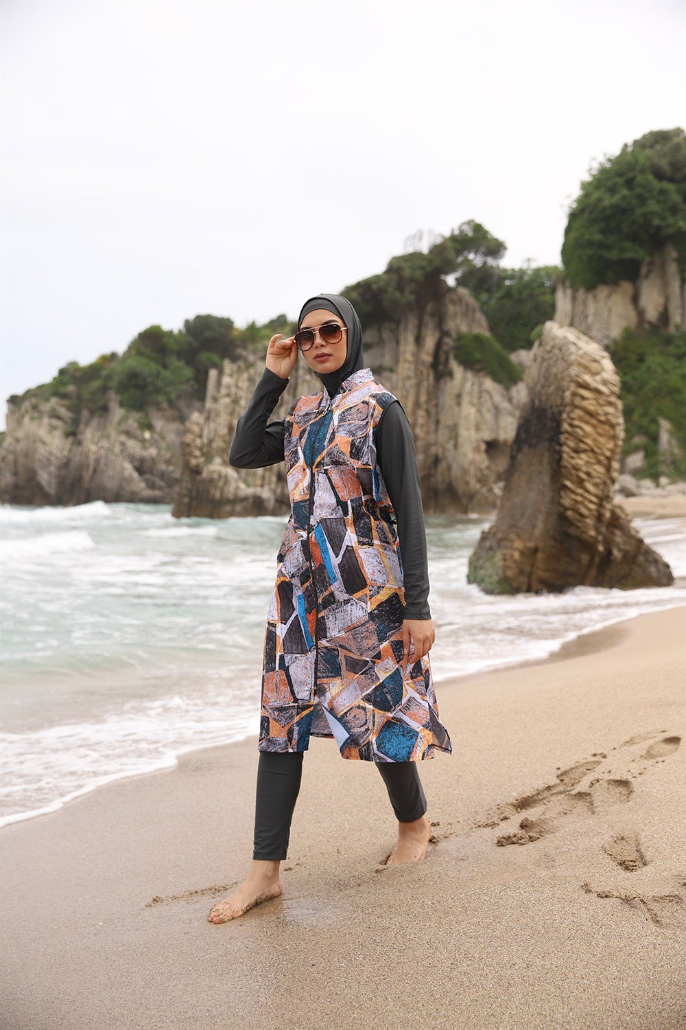 Tam Kapalı Tesettür Mayo Deniz Mayosu 2002 Emel Lacivert Gri