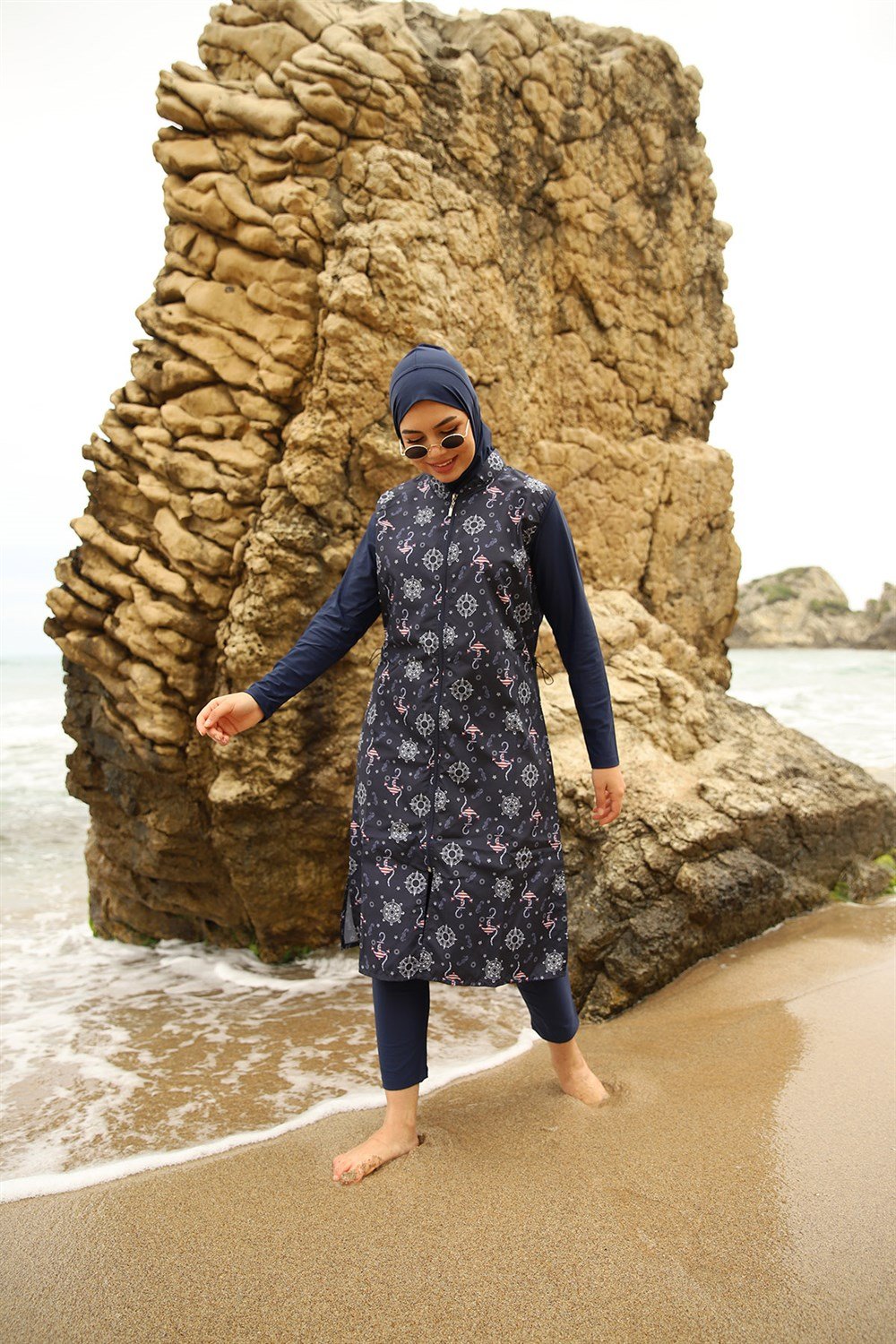 Tam Kapalı Tesettür Mayo Deniz Mayosu Çapa Desenli Asu Laci