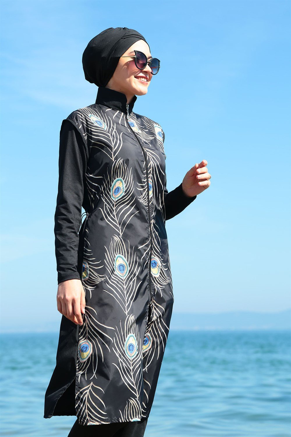 Tam Kapalı Tesettür Mayo Deniz Mayosu Tavus Tüy TD21-123 Siyah