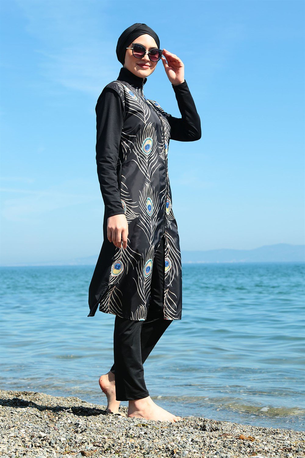 Tam Kapalı Tesettür Mayo Deniz Mayosu Tavus Tüy TD21-123 Siyah