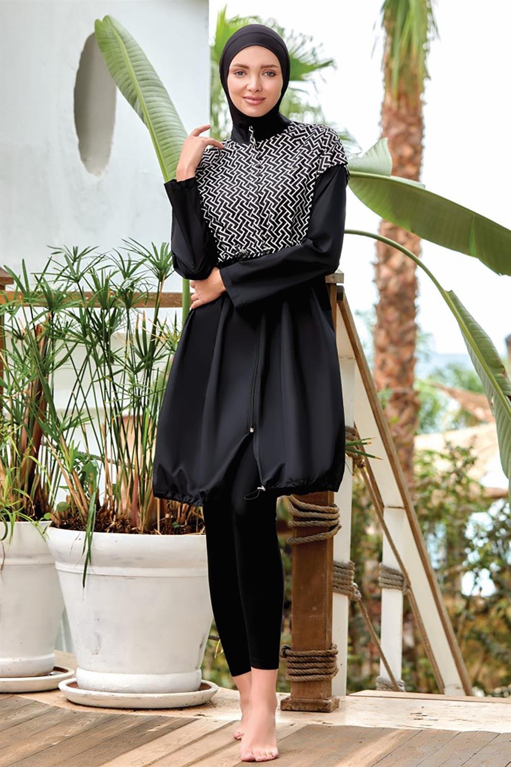 Tam Kapalı Tesettür Mayo Huno 1 1321 Siyah Remsa Mayo
