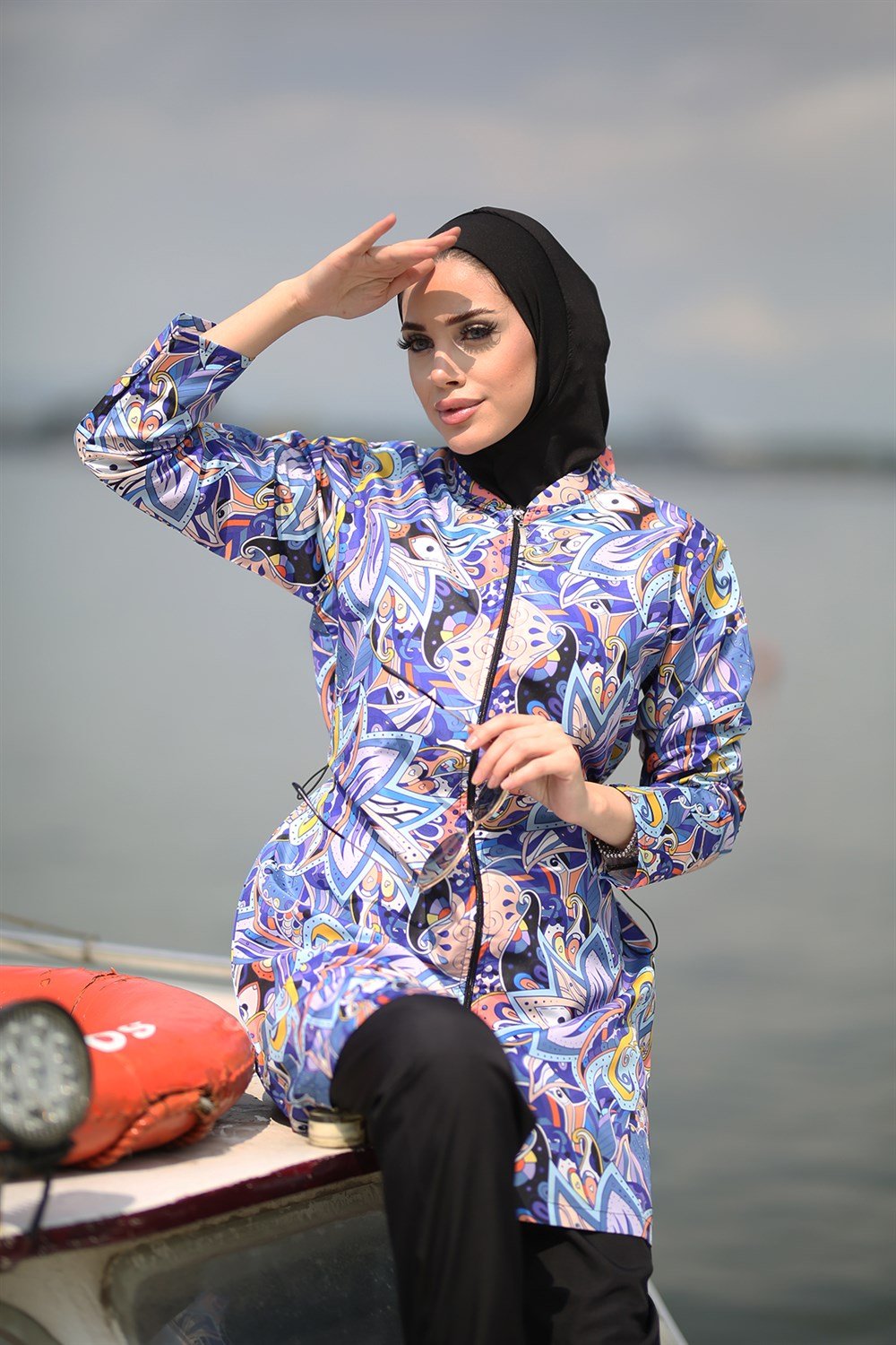 Tam Kapalı Tesettür Mayo Paraşüt Morlu Peri Siyah