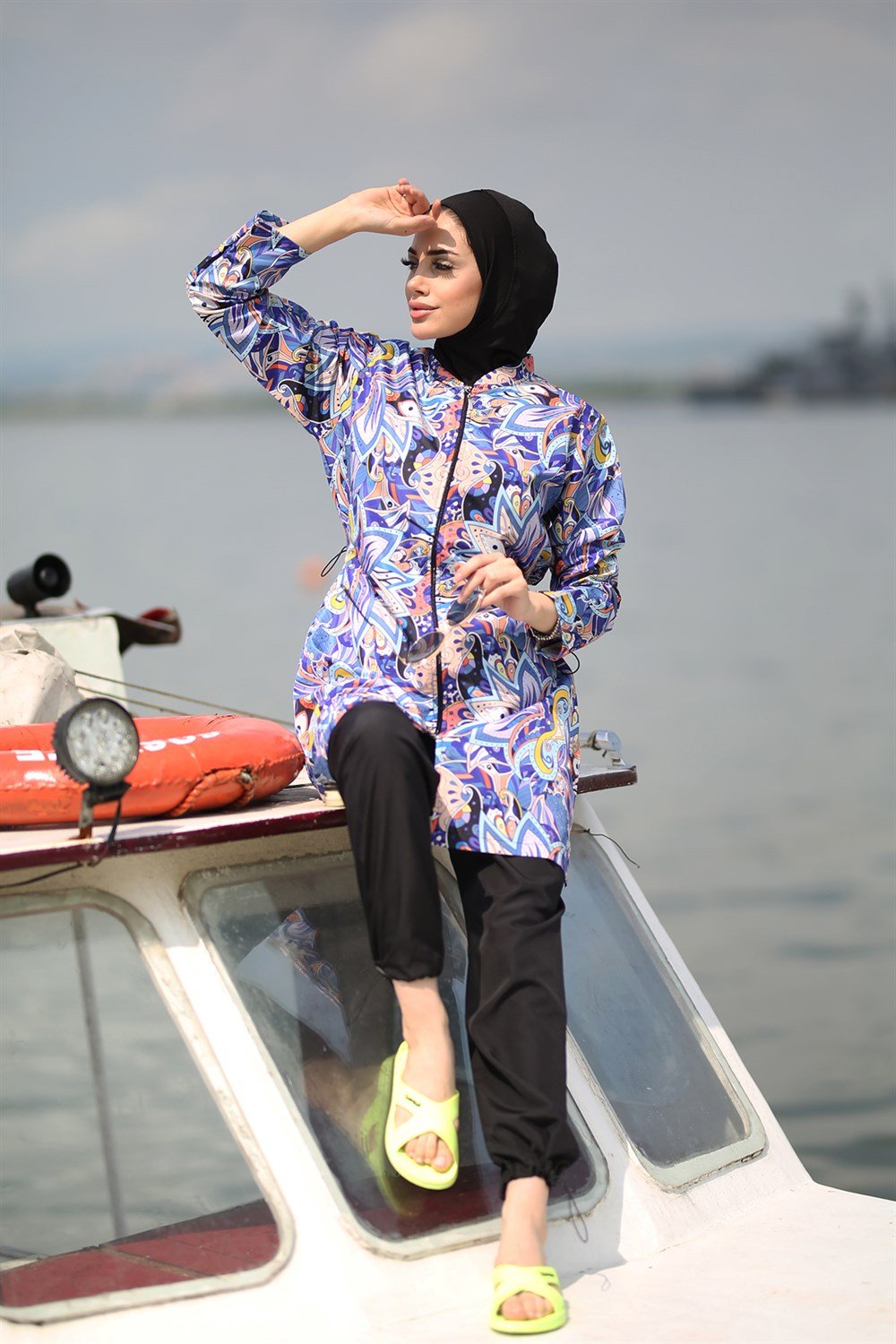 Tam Kapalı Tesettür Mayo Paraşüt Morlu Peri Siyah