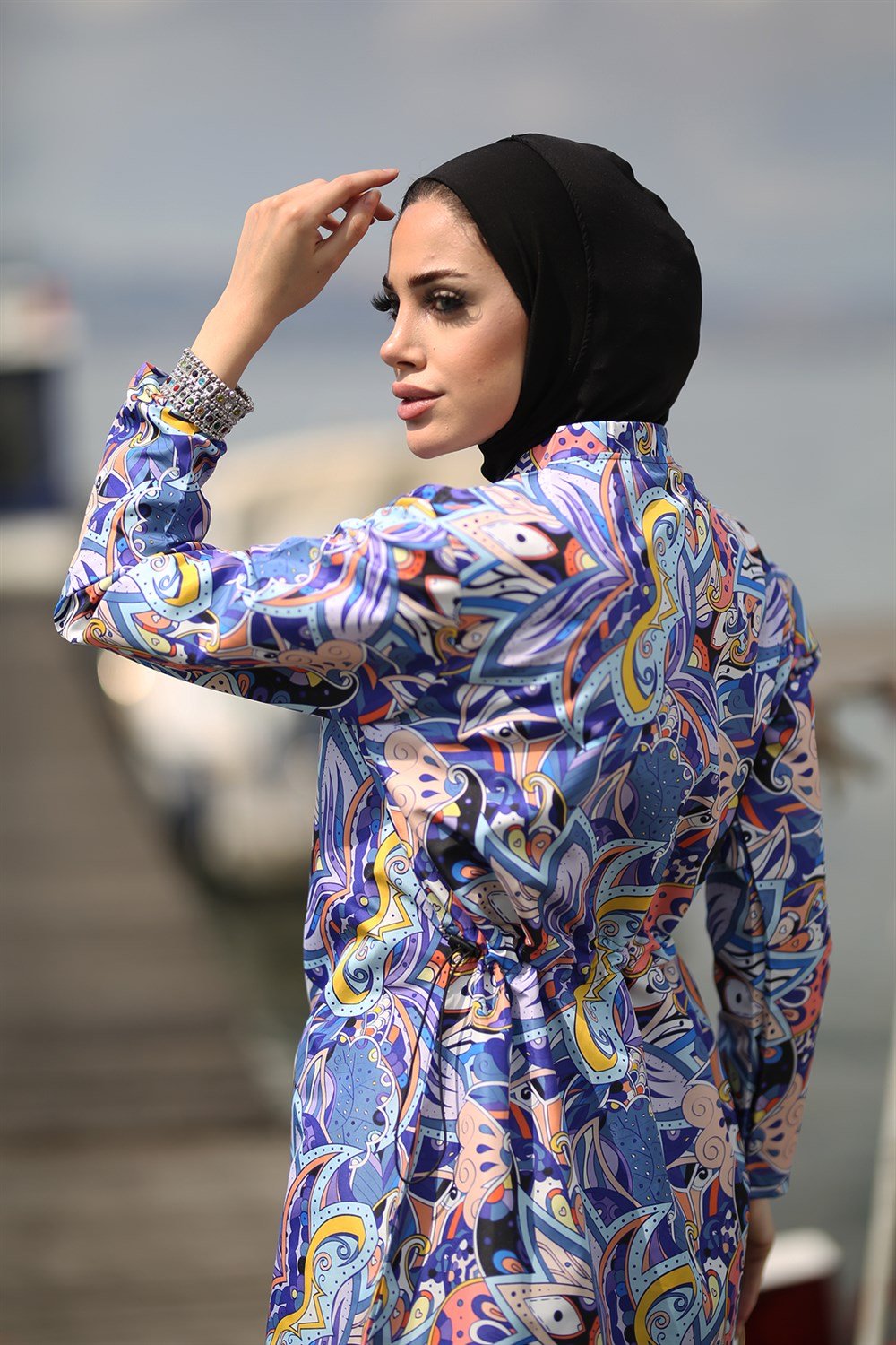 Tam Kapalı Tesettür Mayo Paraşüt Morlu Peri Siyah