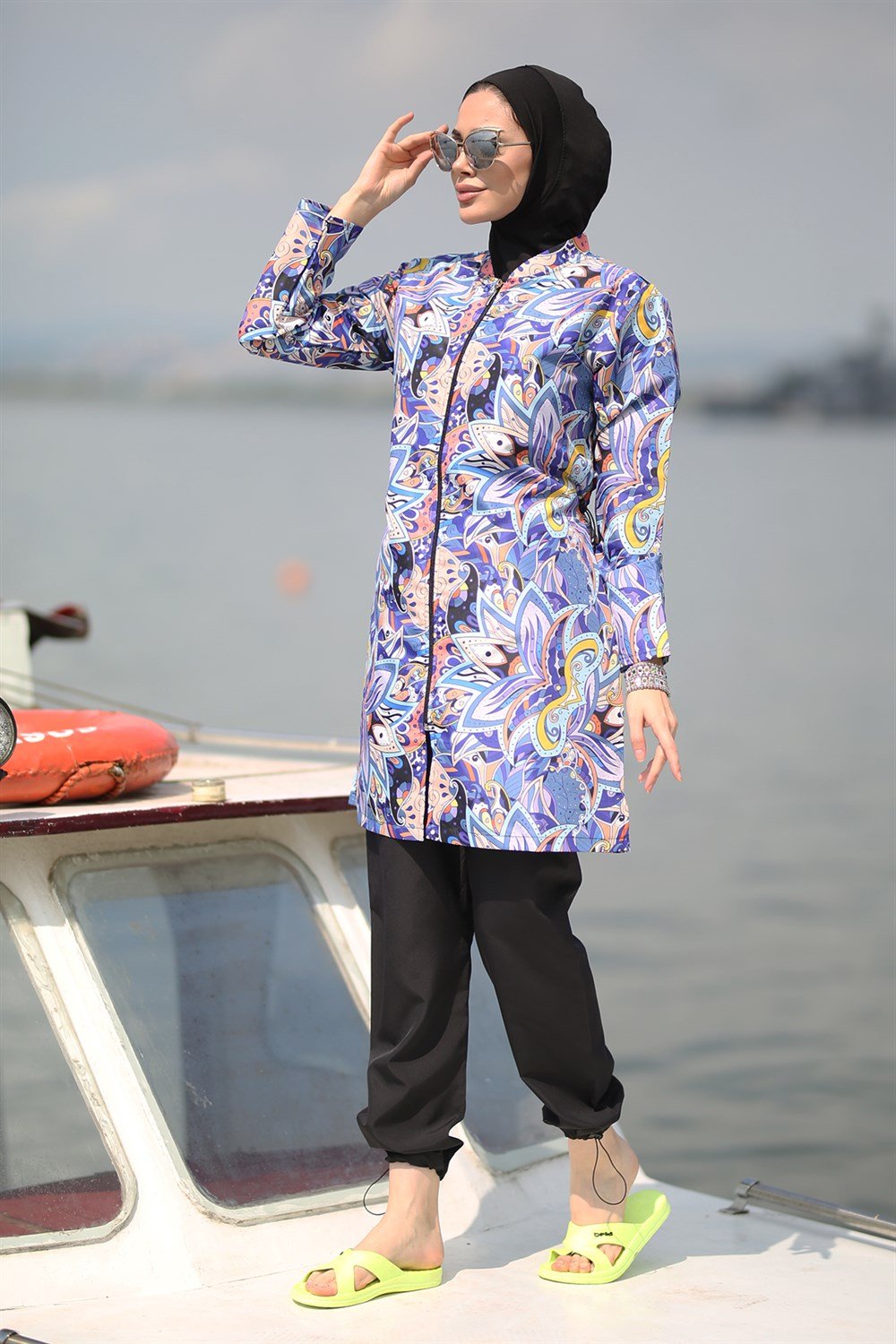 Tam Kapalı Tesettür Mayo Paraşüt Morlu Peri Siyah