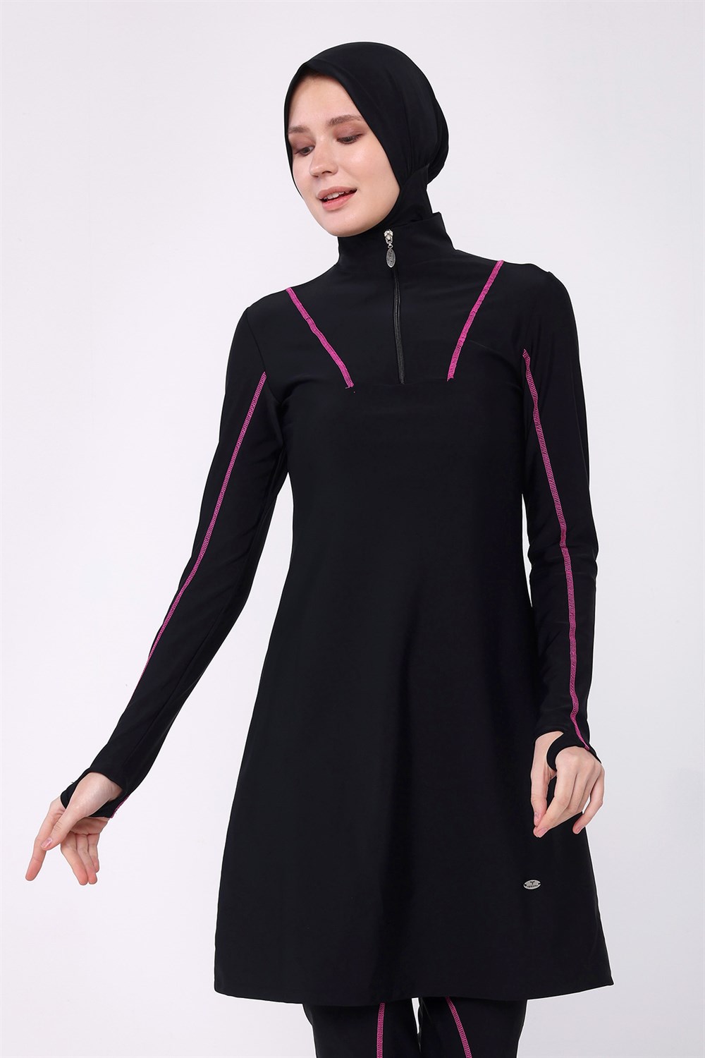 Tam Kapalı Tesettür Mayo Pembe Biyeli Yüzücü 2153 Siyah Remsa Mayo