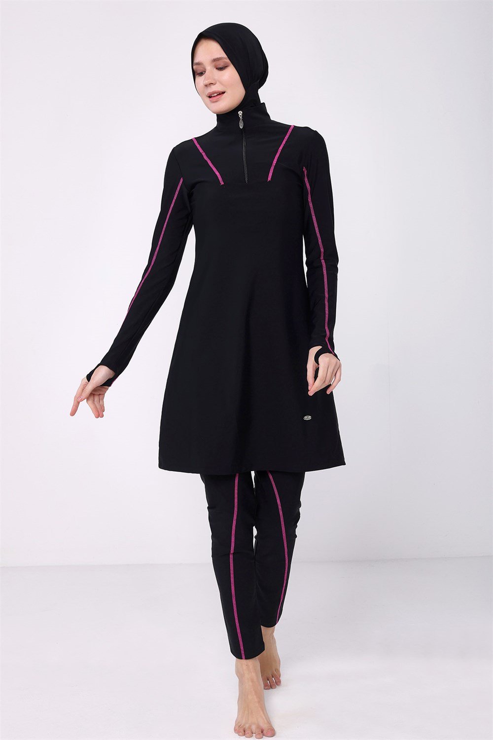Tam Kapalı Tesettür Mayo Pembe Biyeli Yüzücü 2153 Siyah Remsa Mayo