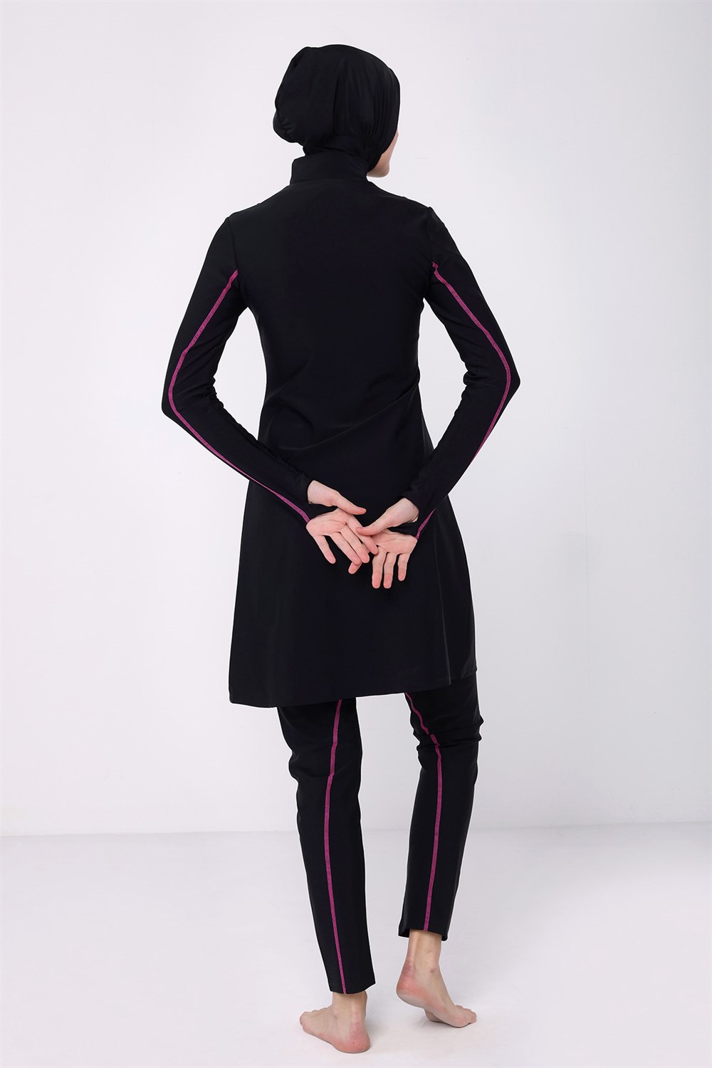 Tam Kapalı Tesettür Mayo Pembe Biyeli Yüzücü 2153 Siyah Remsa Mayo