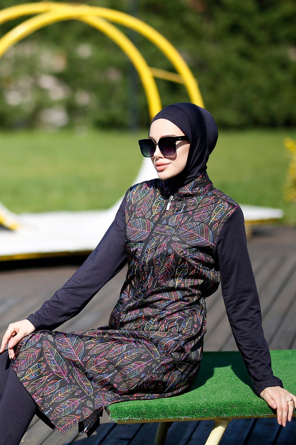 Tam Kapalı Tesettür Mayo Rengi Rengarenk Yaprak MERVE