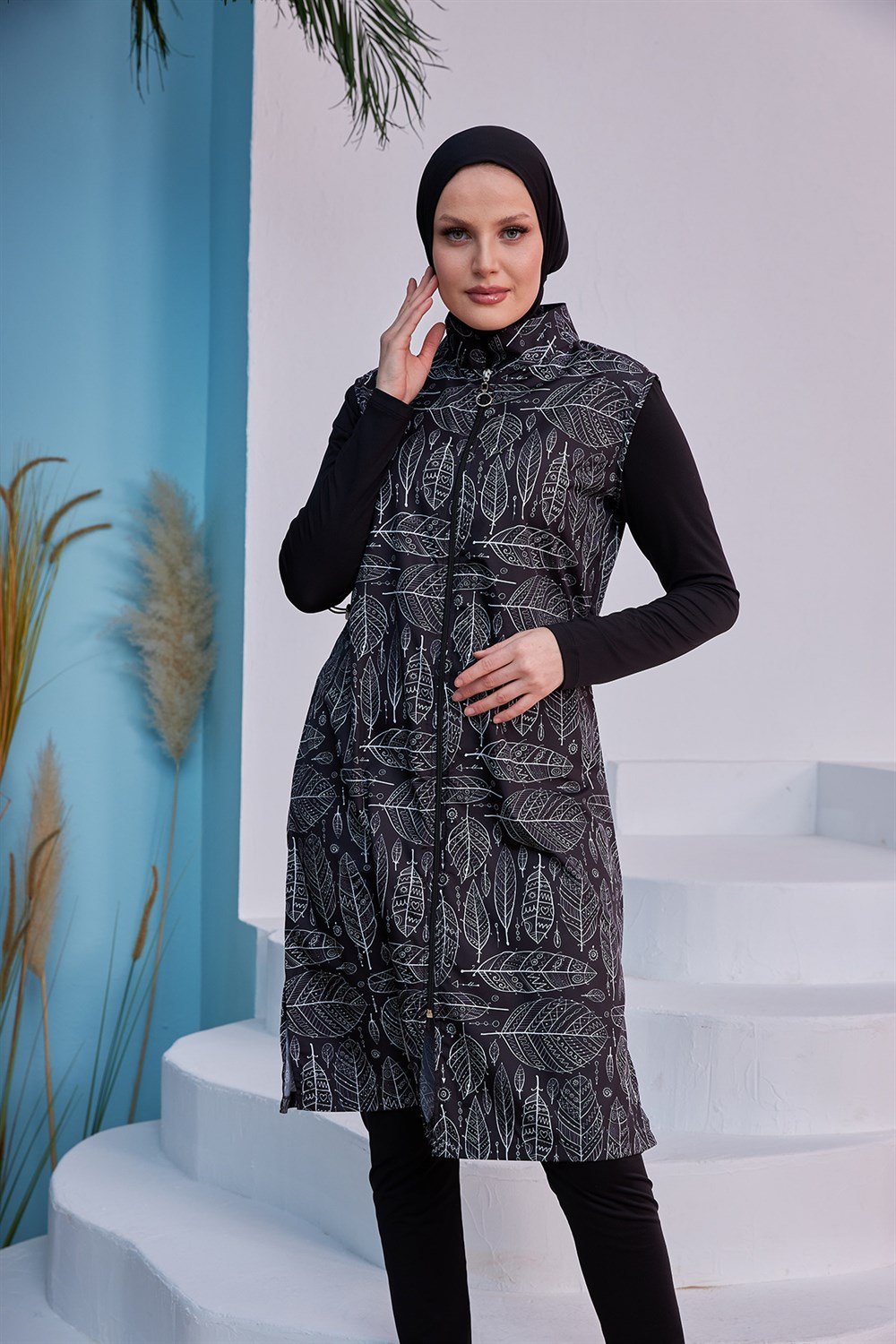 Tam Kapalı Tesettür Mayo Siyah Beyaz Yaprak MERVE