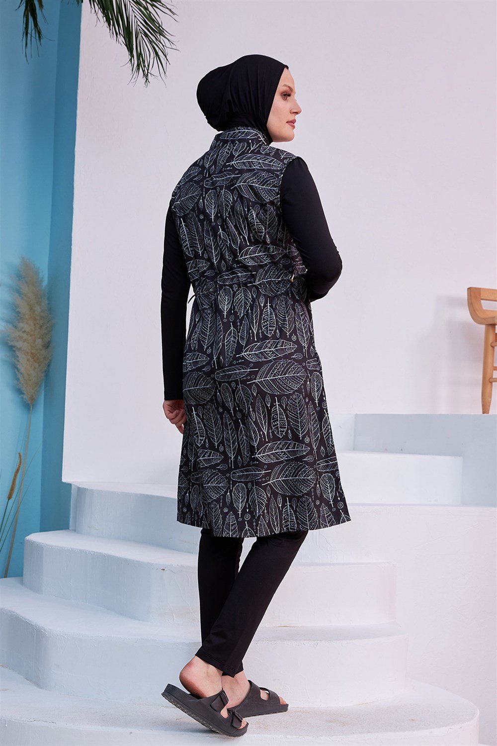 Tam Kapalı Tesettür Mayo Siyah Beyaz Yaprak MERVE