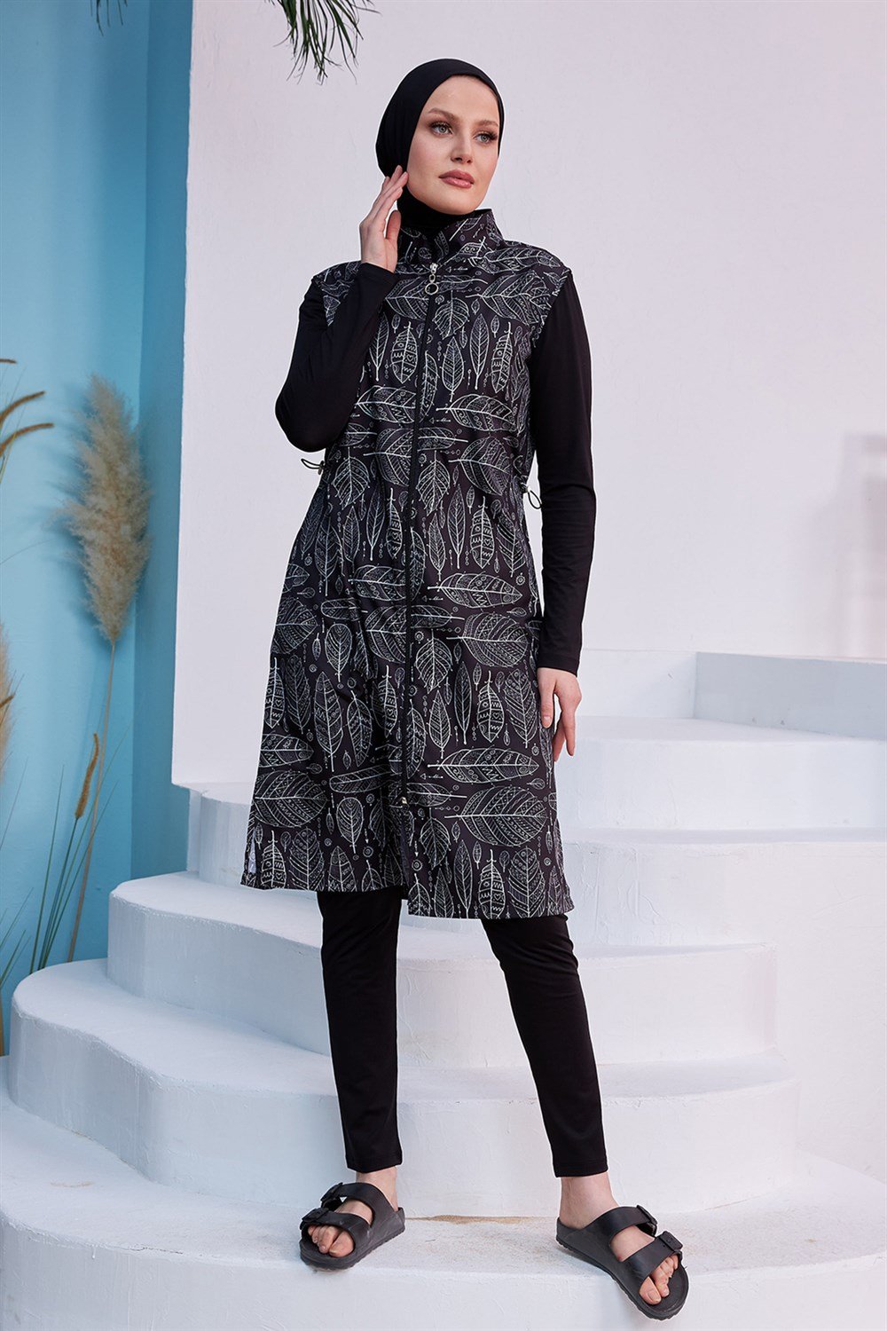 Tam Kapalı Tesettür Mayo Siyah Beyaz Yaprak MERVE