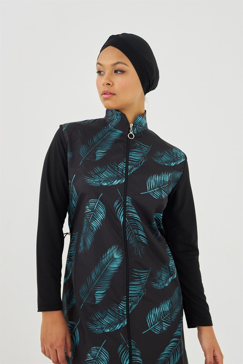 Tam Kapalı Tesettür Mayo Siyah üzeri yeşil yaprak TD703-09