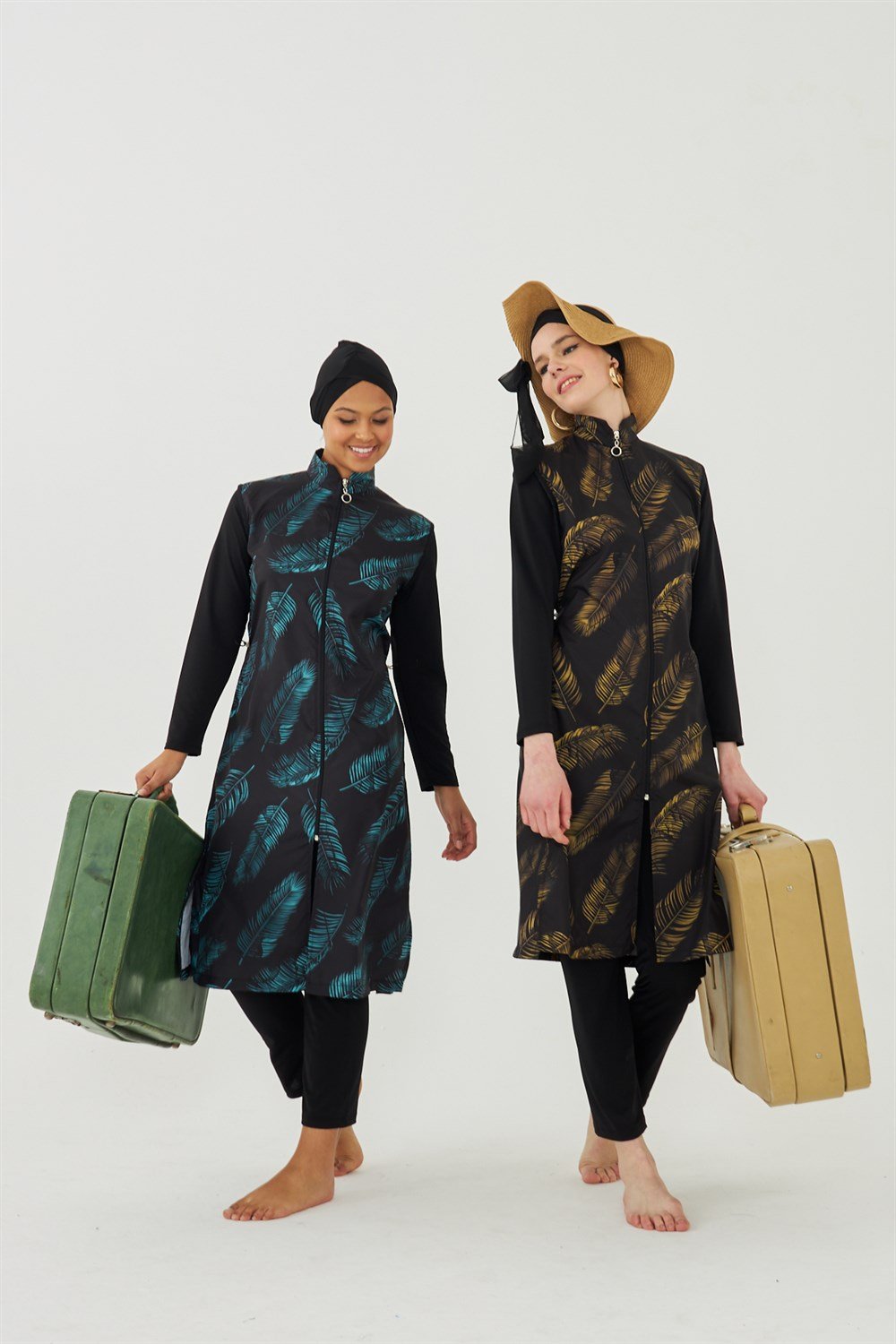 Tam Kapalı Tesettür Mayo Siyah üzeri yeşil yaprak TD703-09