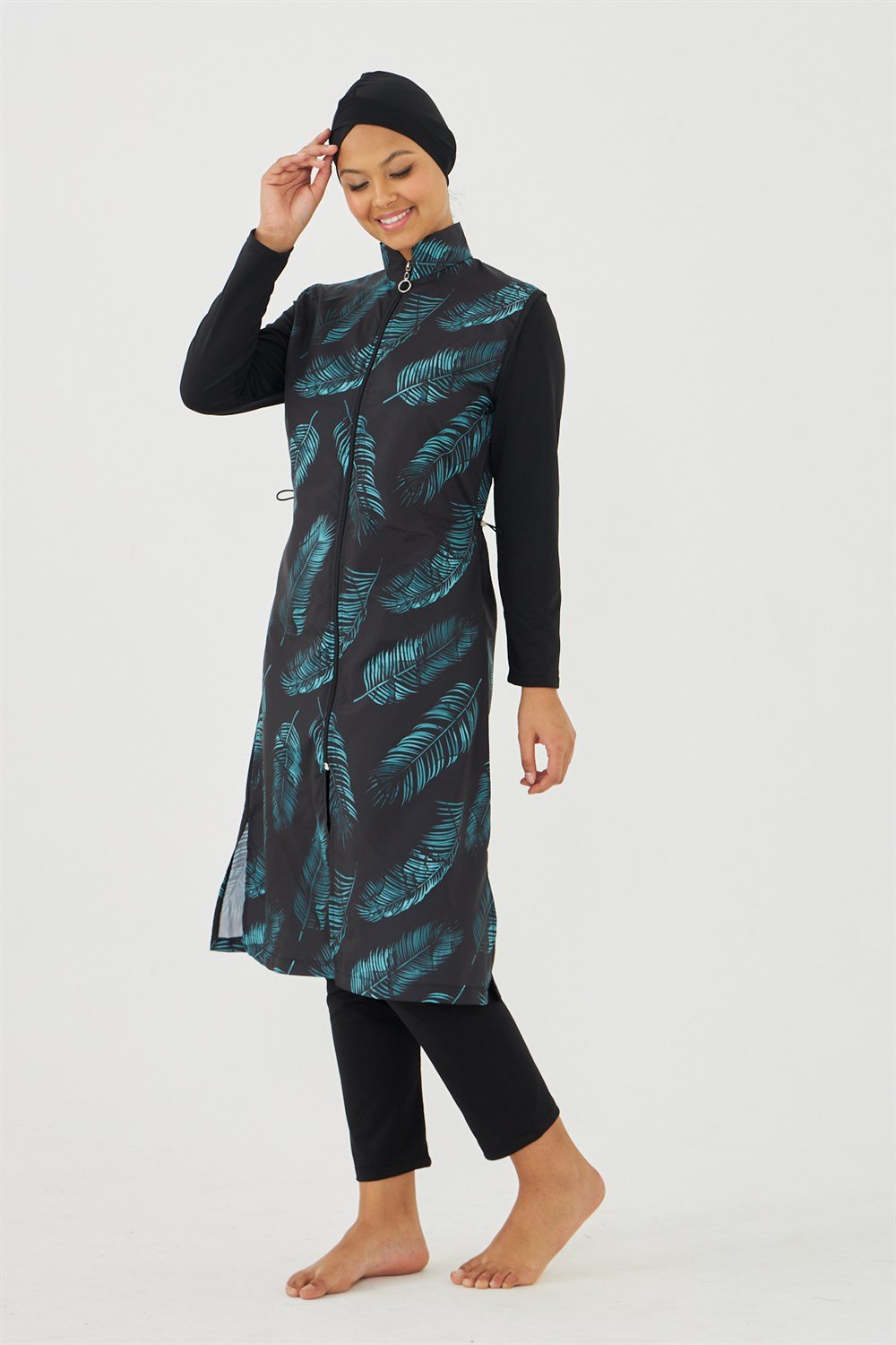 Tam Kapalı Tesettür Mayo Siyah üzeri yeşil yaprak TD703-09