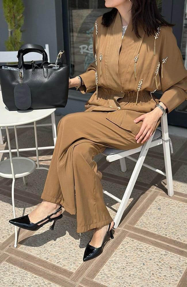 Taş Detay Gömlek Pantolon Takım 5130 Camel