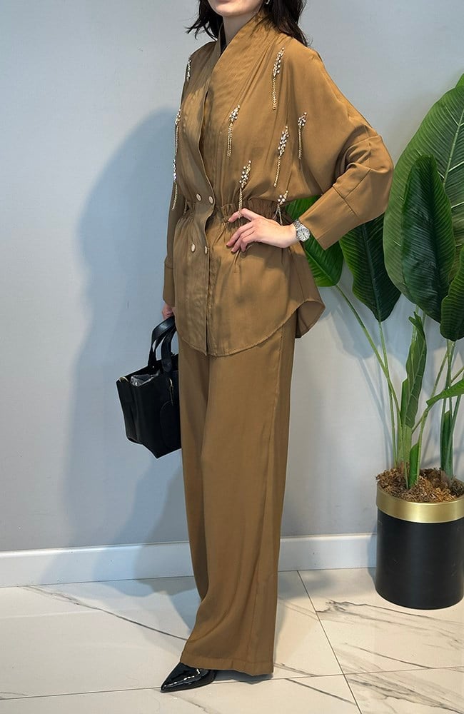 Taş Detay Gömlek Pantolon Takım 5130 Camel