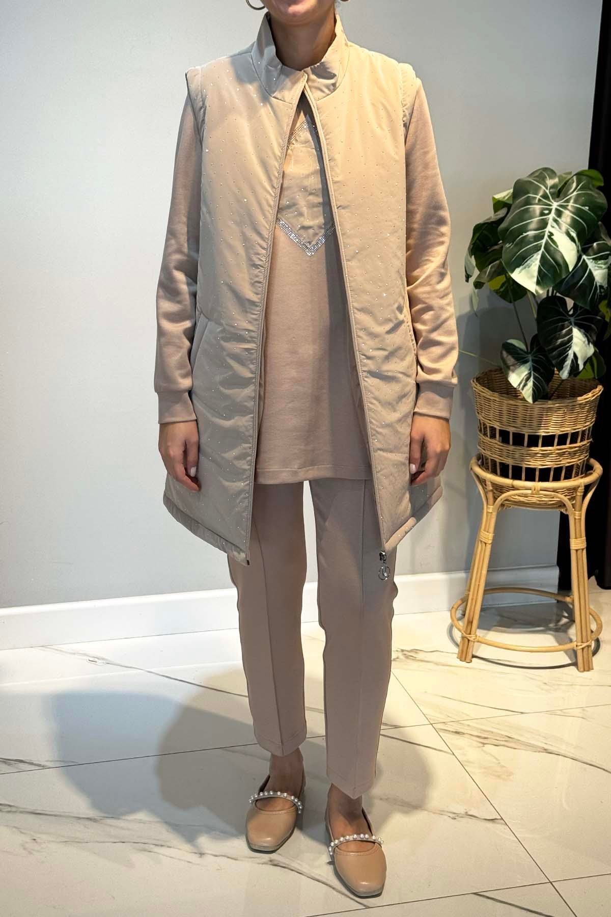 Taş Detay Kapitone Yelekli 3'lü Takım 25143 Bej