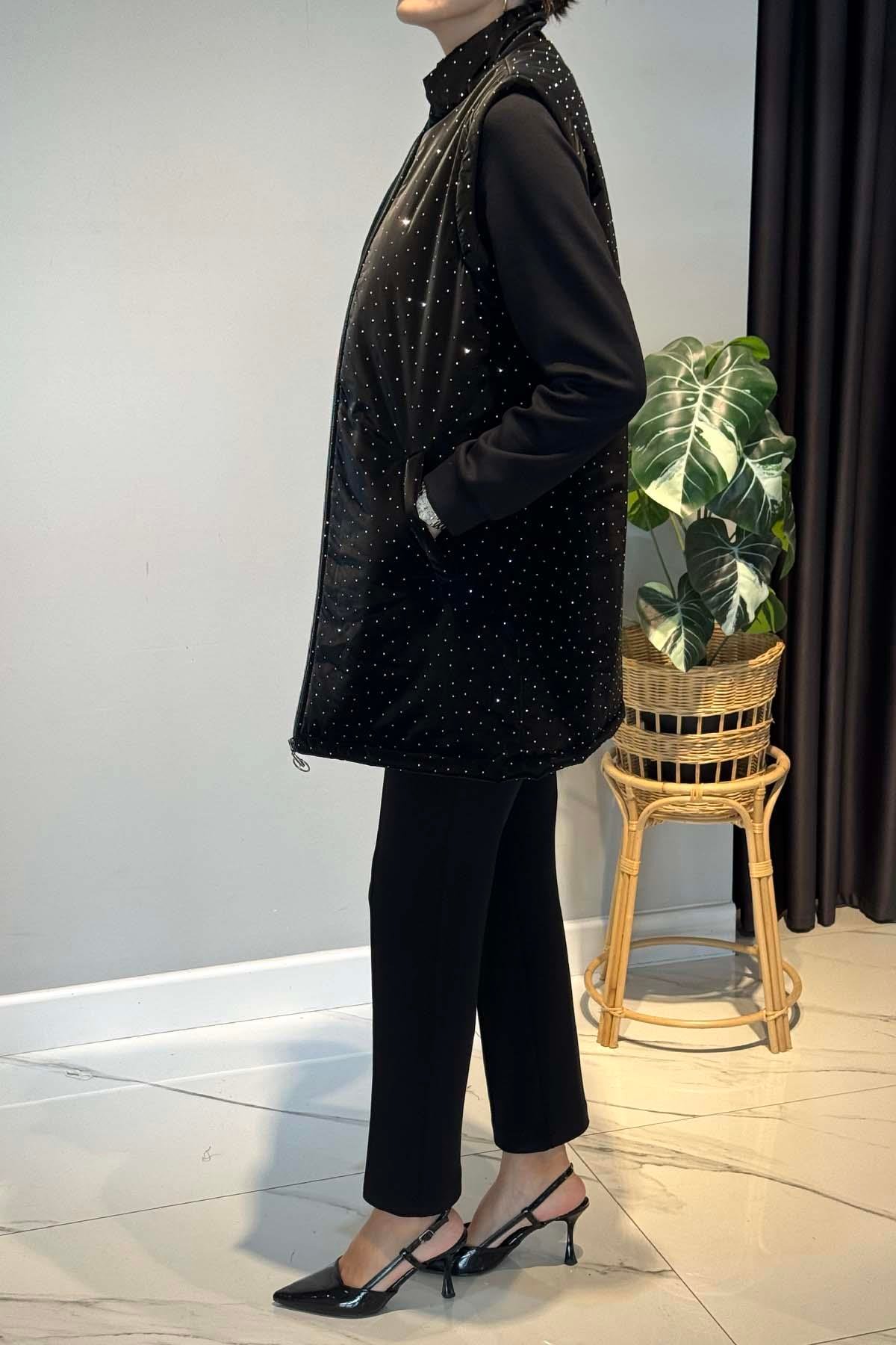 Taş Detay Kapitone Yelekli 3'lü Takım 25143 Siyah