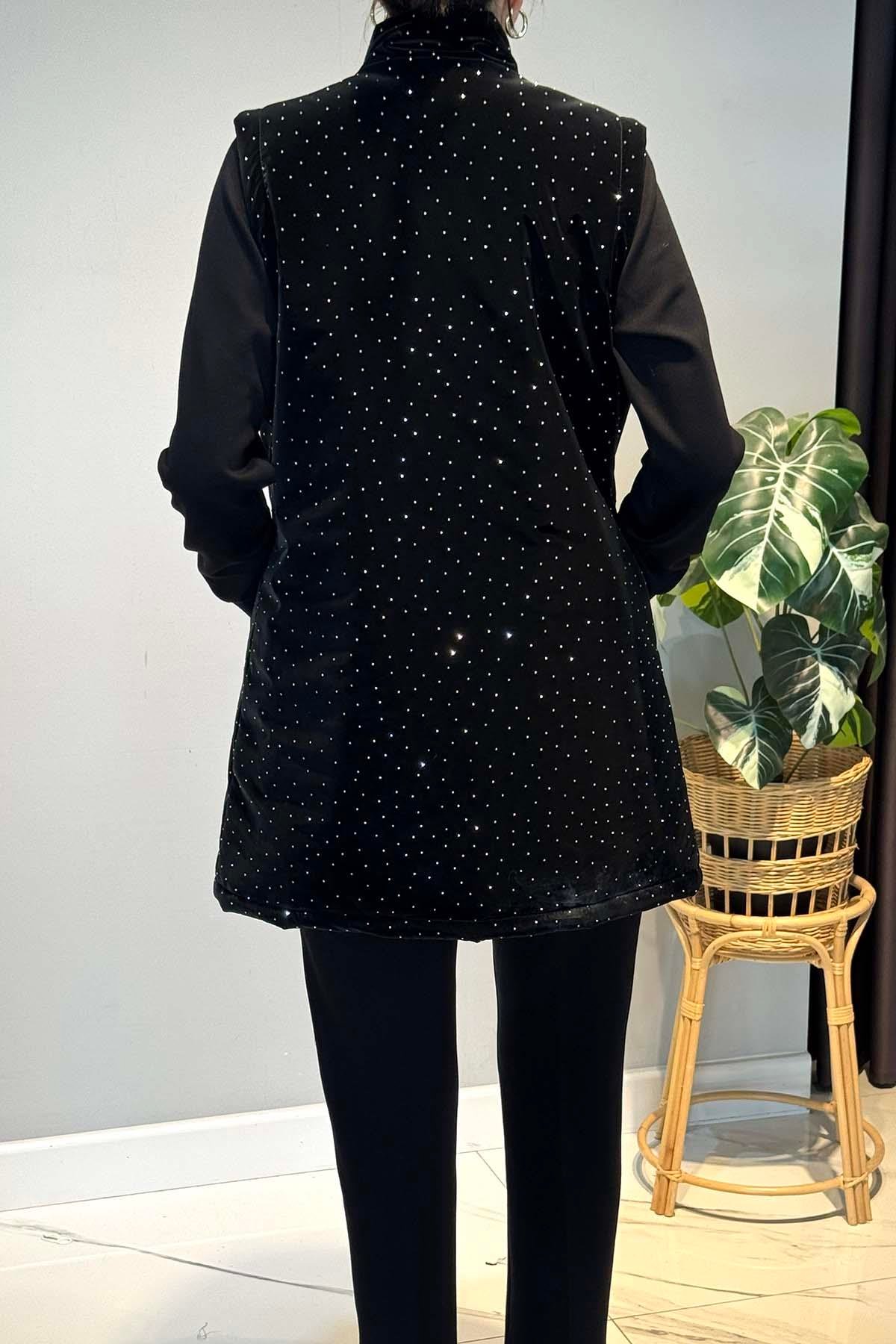 Taş Detay Kapitone Yelekli 3'lü Takım 25143 Siyah