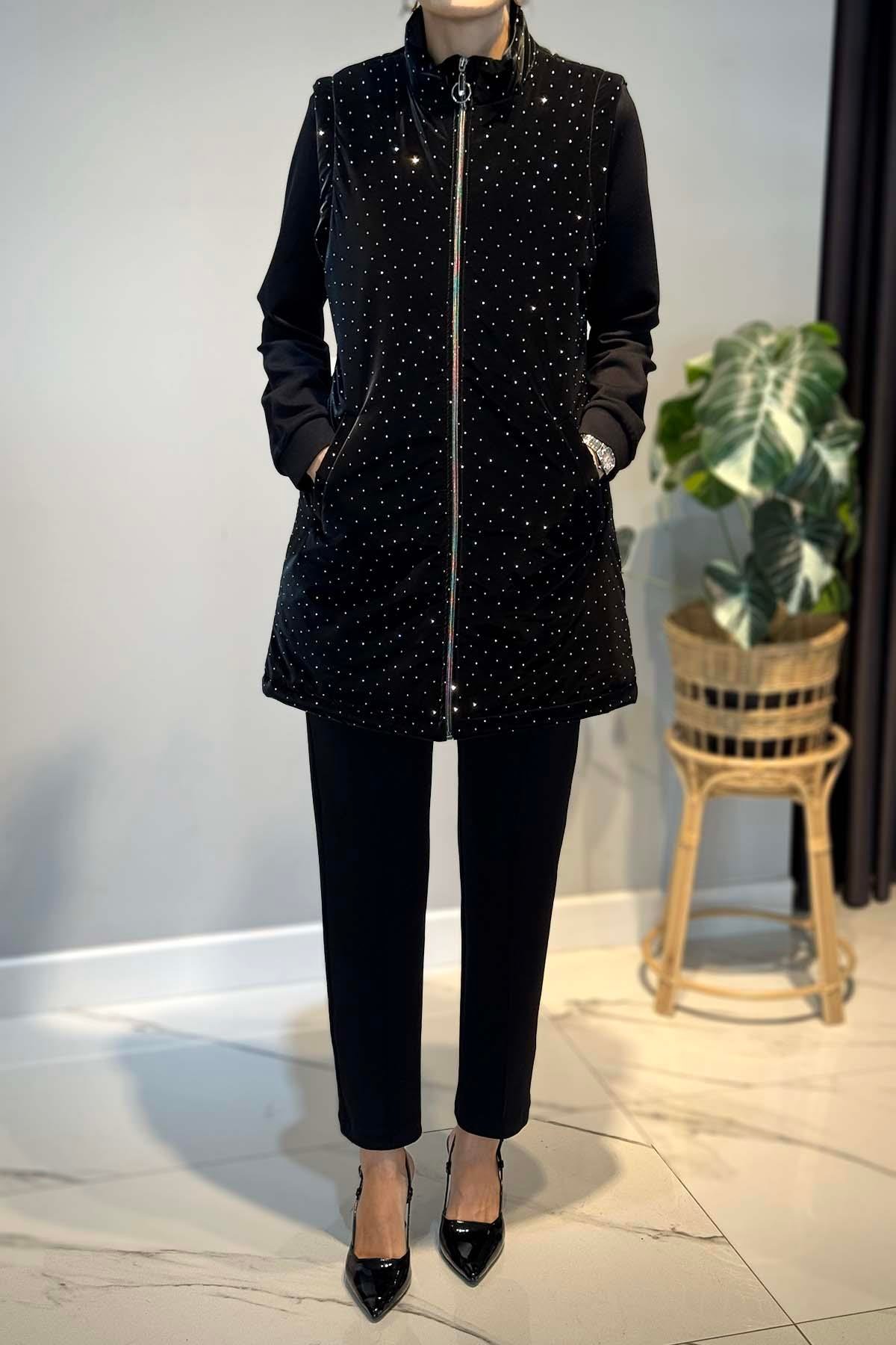 Taş Detay Kapitone Yelekli 3'lü Takım 25143 Siyah