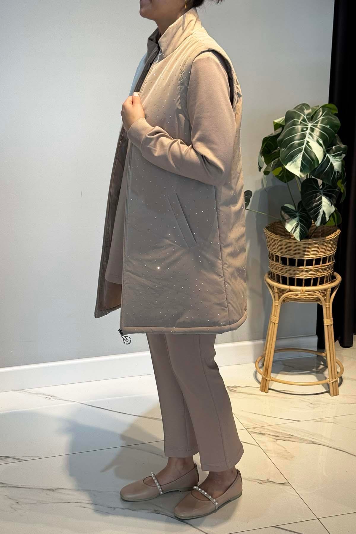 Taş Detay Kapitone Yelekli 3'lü Takım 25143 Bej