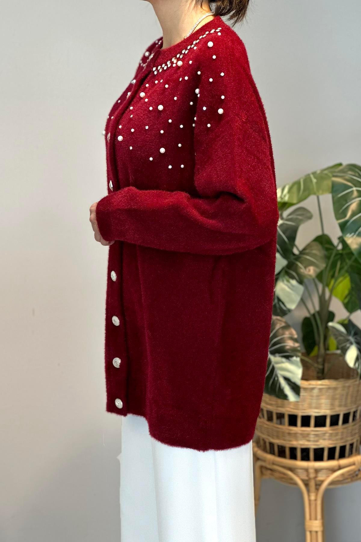 Taş ve İnci Detay Hırka 25015 Bordo