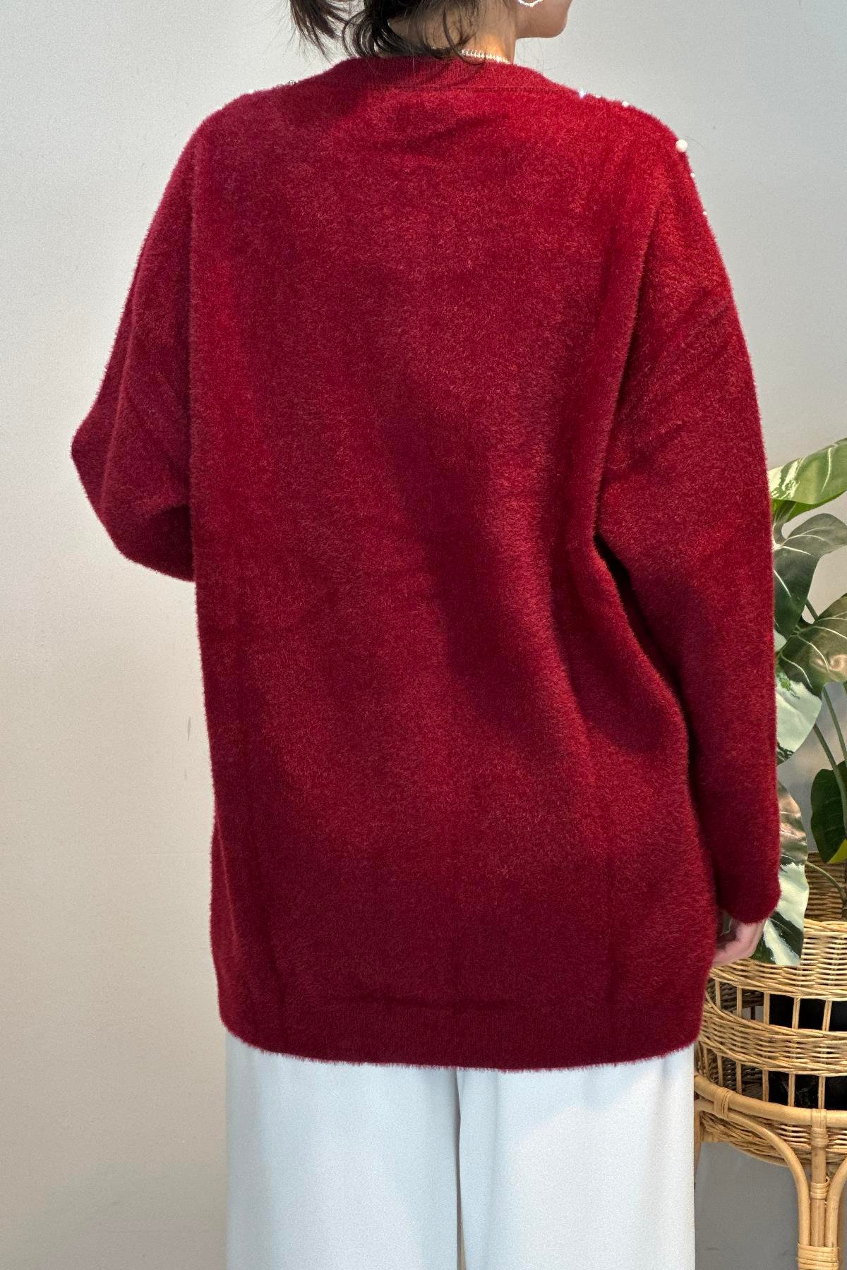 Taş ve İnci Detay Hırka 25015 Bordo