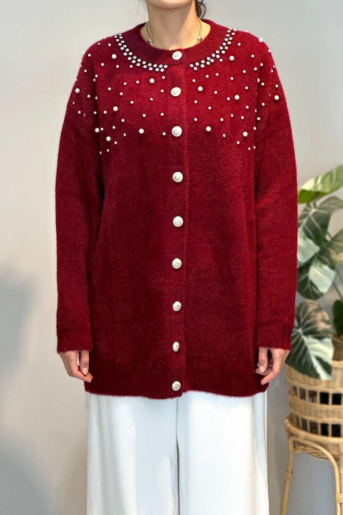 Taş ve İnci Detay Hırka 25015 Bordo